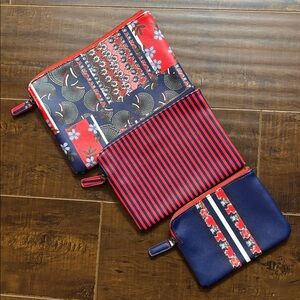 Anthropologie Red and Blue Striped Trio Pouches Bag | set of 3 different sizes